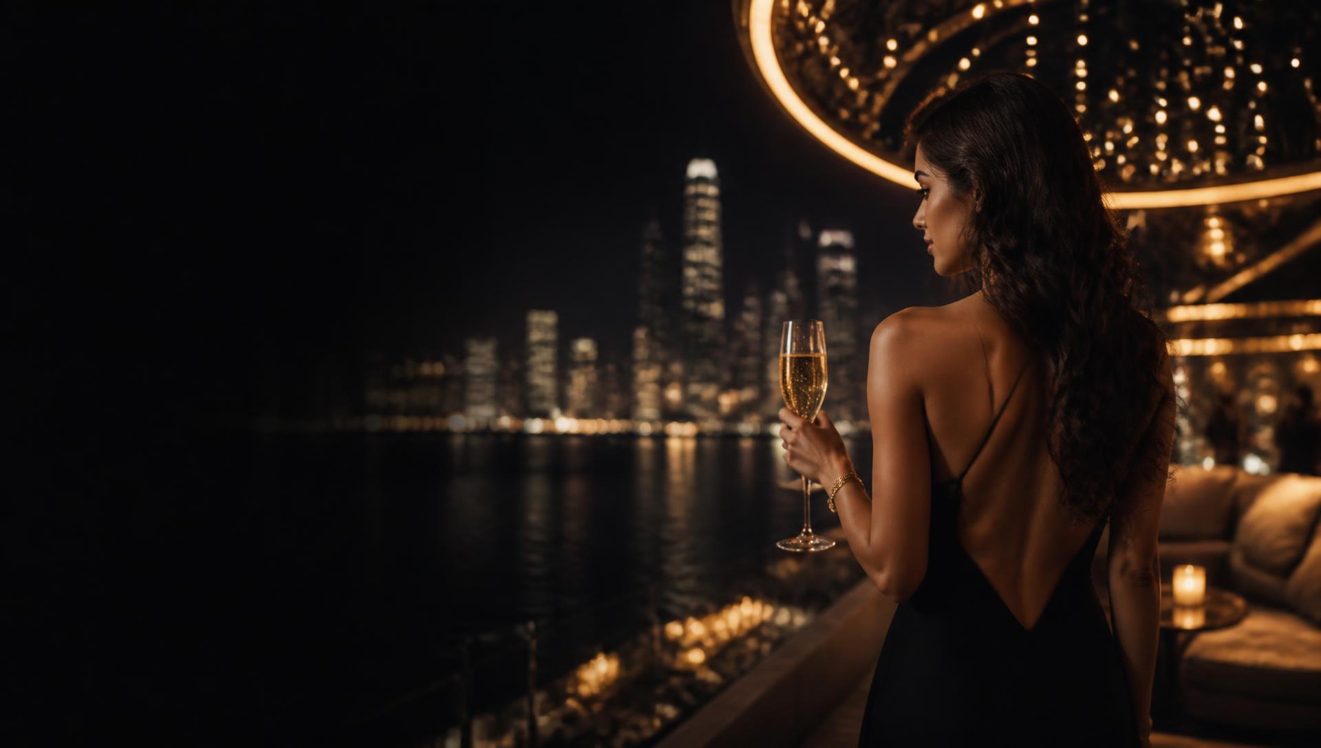 Rooftop lounge at night with a golden city skyline view